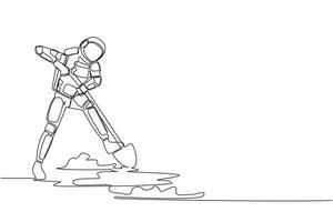 Single one line drawing young astronaut digging ground with spade in moon surface. Hard working process in spaceship expedition. Cosmic galaxy space. Continuous line graphic design vector illustration