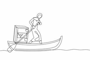 Continuous one line drawing Arab businesswoman standing in boat and sailing with safe deposit box. Escape with money. Criminal stole golden coin from bank. Single line draw design vector illustration