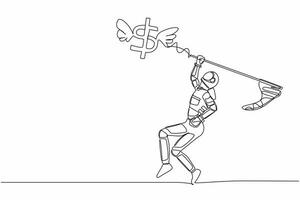 Single continuous line drawing astronaut try to catching flying dollar sign symbol with butterfly net. Economic crisis impacted space company. Cosmonaut deep space. One line design vector illustration