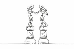 Single one line drawing of young astronaut leader shaking hand on rook chess. Collaboration strategy in spaceship industry. Cosmic galaxy space. Continuous line draw graphic design vector illustration