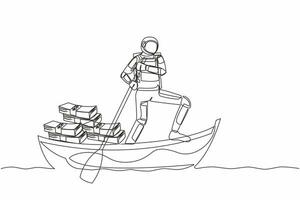 Single one line drawing astronaut sailing away on boat with pile of banknote. Financial crime or money laundering in space exploration. Cosmic galaxy space. Continuous line design vector illustration