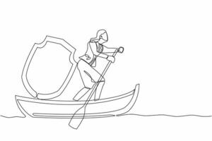 Single continuous line drawing businesswoman sailing away on boat with shield. Business protection and precaution financial crime. Security and insurance. One line graphic design vector illustration