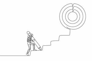 Single continuous line drawing astronaut use huge pencil to draw rising up stairs. Strategy reach space company target. Spaceman career path. Cosmonaut deep space. One line design vector illustration