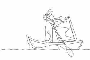 Single one line drawing of Arabian businessman sailing away on boat with clipboard. Delivery worker with checklist and ship. Shipping documents. Continuous line draw design graphic vector illustration