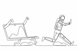 Single continuous line drawing astronaut being chased by laptop computer. Spaceman in spaceship expedition deadline of space industry. Cosmonaut deep space. One line graphic design vector illustration