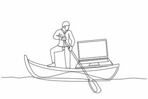 Single continuous line drawing businessman standing in boat and sailing with laptop computer. Happy worker as a freelancer or creative manager. Remote work. One line graphic design vector illustration