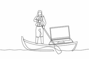 Continuous one line drawing businesswoman sailing away on boat with laptop computer. Freelancer work or creative manager doing remote work at ship. Single line draw design vector graphic illustration