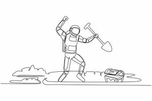 Single one line drawing young astronaut standing and holding shovel on dug ground. Happy spaceman find treasure chest in dirt. Cosmic galaxy space. Continuous line graphic design vector illustration