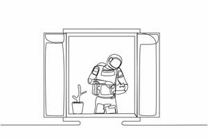 Continuous one line drawing young astronaut with houseplant holding cat and looking through window in moon surface. Cosmonaut outer space concept. Single line draw graphic design vector illustration