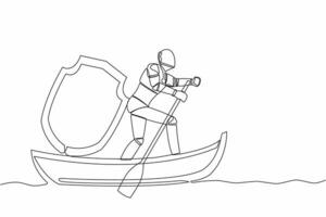 Continuous one line drawing of robot sailing away on boat with shield. Security and insurance in tech company. Humanoid robot cybernetic organism. Single line draw design vector graphic illustration