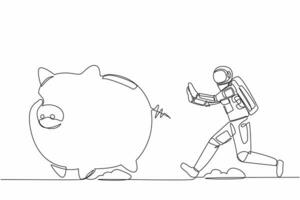 Single one line drawing young astronaut chase piggy bank in moon surface. Savings for investment exploration of the universe. Cosmonaut deep space. Continuous line design graphic vector illustration