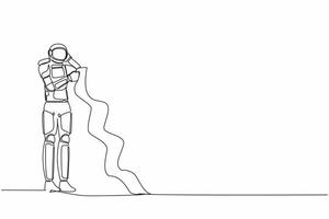 Single one line drawing astronaut standing with long paper, think about paying bills spaceship development during crisis. Cosmic galaxy space. Continuous line draw graphic design vector illustration