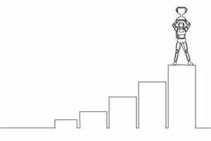 Single continuous line drawing astronaut climb graph staircase to reach and lifting up trophy. Successful in interstellar spaceship journey. Cosmonaut deep space. One line design vector illustration