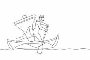 Single one line drawing Arabian businessman sailing away on boat with megaphone. Command leader, control through megaphone, leadership and teamwork. Continuous line design graphic vector illustration