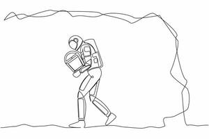 Single continuous line drawing young astronaut carrying treasure chest from moon underground. Treasure digging, growth wealth process. Cosmonaut deep space. One line graphic design vector illustration