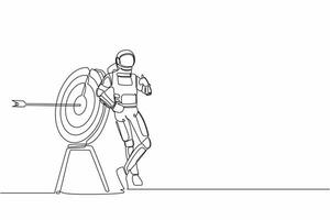 Continuous one line drawing astronaut leaning on target with thumbs up gesture. Happy with successful starship journey expedition. Cosmonaut outer space. Single line graphic design vector illustration