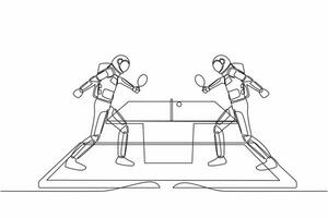 Single continuous line of drawing table tennis court with two astronaut players on smartphone screen. Professional sports competition. Cosmonaut deep space. One line graphic design vector illustration