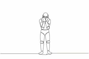 Continuous one line drawing robot cover his face by hands and crying. Depression disorder, sad, sorrow, disappointment. Humanoid robot cybernetic organism. Single line draw design vector illustration