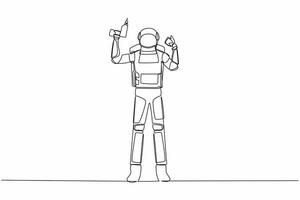 Continuous one line drawing astronaut hold electric drill tool for repair household. Home decoration. Preparation house reparation. Cosmonaut outer space. Single line draw design vector illustration