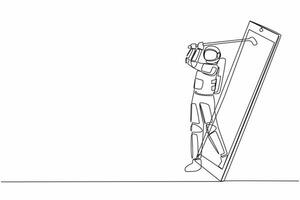 Single continuous line drawing astronaut golf player swing golf club getting out of smartphone screen. Online golf game with mobile app. Cosmonaut deep space. One line draw design vector  illustration