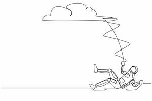 Single continuous line drawing of unlucky young astronaut falling from cloud sky. Loses spaceship business project. Discovery failure. Cosmonaut deep space. One line graphic design vector illustration