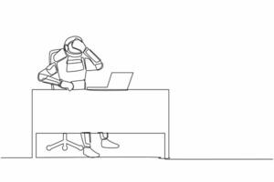 Single one line drawing young astronaut working with laptop at working desk and holding face. Feeling bad, headache, exhausted. Cosmic galaxy space. Continuous line graphic design vector illustration