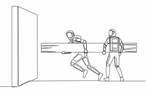 Single continuous line drawing two astronaut holding large log together to destroying wall. Teamwork in space technology development. Cosmonaut deep space. One line graphic design vector illustration