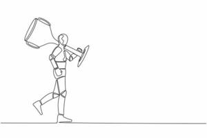 Continuous one line drawing robot carry big trophy cup for winner as symbol of victory. Tech business success. Humanoid cybernetic organism. Future robotic. Single line draw design vector illustration