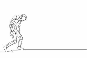 Continuous one line drawing sadness young astronaut bowed down. Having mental pressure or stress after spacecraft expedition. Cosmonaut outer space. Single line draw graphic design vector illustration