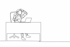 Single one line drawing confused young astronaut working on computer laptop at desk. Future space technology development. Cosmic galaxy space. Continuous line draw graphic design vector illustration