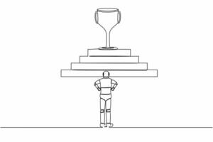 Continuous one line drawing robot standing in front of staircase with trophy cup on the top. Path to success. Humanoid cybernetic organism. Robotic development. Single line design vector illustration