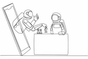 Single continuous line drawing two astronaut sitting at table and playing online chess. One player shows how to play from smartphone. Cosmonaut deep space. One line graphic design vector illustration