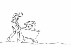 Single one line drawing astronaut pushing cart with treasure chest in moon surface. Wheelbarrow with golds, jewelry, treasures. Cosmic galaxy space. Continuous line graphic design vector illustration