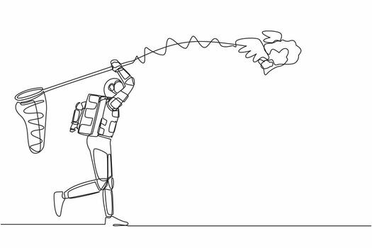 Single one line drawing astronaut try to catch flying brain with butterfly net. Genius idea from spaceman for spaceship expedition. Cosmic galaxy space. Continuous line draw design vector illustration
