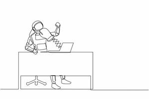 Single continuous line drawing astronaut being punched by boxing gloves from computer laptop at working desk. Cyberbullying concept. Cosmonaut deep space. One line graphic design vector illustration