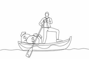 Continuous one line drawing of happy businessman standing in boat and sailing with money bag. Financial profit, successful management. Escape with money. Single line design vector graphic illustration