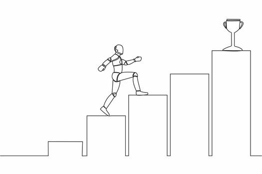 Single continuous line drawing of robot walking on graph staircase to get trophy. Way to achieve goal. Robotic artificial intelligence. Technology industry. One line graphic design vector illustration