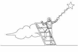 Continuous one line drawing of young astronaut climbing ladder and reaching star on sky for interstellar expedition success. Cosmonaut outer space. Single line draw graphic design vector illustration