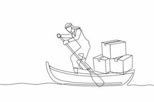 Continuous one line drawing Arabian businessman sailing away on boat with pile of cardboard. Ocean transportation. Shipping items delivered via sailboat. Single line design vector graphic illustration