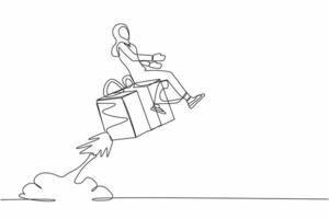 Single continuous line drawing Arab businesswoman riding gift box rocket flying in the sky. Package cardboard box with attached rockets. Big box with booster. One line draw design vector illustration