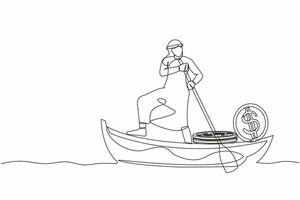 Single one line drawing Arabian businessman sailing away on boat with pile of dollar coins. Criminal stole golden coin from bank. Corruption, robber. Continuous line design graphic vector illustration