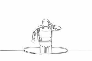 Single one line drawing confused young astronaut emerges from the hole. Depressed and spaceship business failure concept. Cosmic galaxy space. Continuous line draw graphic design vector illustration