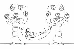 Single one line drawing of astronaut typing with laptop in hammock tied on money tree with dollar coin. Relaxing after space expedition. Cosmic galaxy space. Continuous line design vector illustration