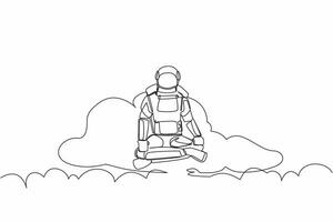 Single continuous line drawing young astronaut meditates and resting in yoga position on clouds. Relaxing after galactic expedition. Cosmonaut deep space. One line graphic design vector illustration