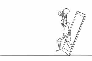 Continuous one line drawing bodybuilder astronaut doing exercise with heavy weight bar getting out of smartphone screen. Online weight lifting. Cosmonaut outer space. Single line graphic design vector
