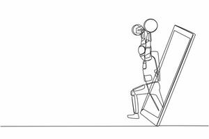 continuo uno línea dibujo carrocero astronauta haciendo ejercicio con pesado peso bar consiguiendo fuera de teléfono inteligente pantalla. en línea peso levantamiento. cosmonauta exterior espacio. soltero línea gráfico diseño vector