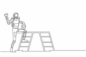 Single continuous line drawing astronaut standing with painting roller, bucket and ladder. Home decoration. Preparation house renovation. Cosmonaut deep space. One line draw design vector illustration