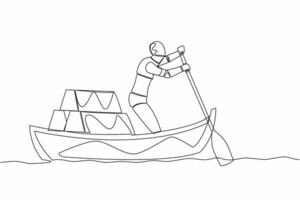 Single continuous line drawing robot sailing away on boat with stack of golden bullion. Gold investment in digital tech. Future technology development. One line draw graphic design vector illustration