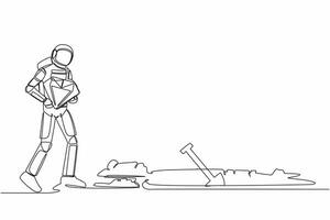 Single continuous line drawing astronaut walking and holding big diamond to digging hole in moon surface. Successful space expedition. Cosmonaut deep space. One line graphic design vector illustration