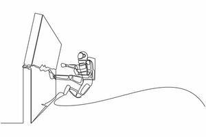 Single one line drawing young astronaut doing kungfu or karate flying kick to destroy brick wall. Success in space exploration. Cosmic galaxy space. Continuous line graphic design vector illustration